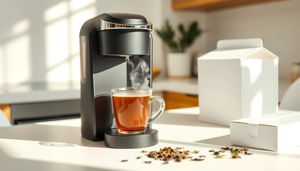 Modern Coffee Maker with Hot Drink on a Sunlit Kitchen Counter