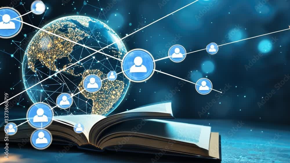Poster open book with a globe and user icon symbolizing global knowledge sharing in the digital age represe