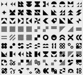 Brutalist abstract geometric shapes. Bauhaus Minimalist Graphic Design Elements. Neo geometric pattern elements. Y2K Geometric design element shapes. Figures, stars, flower and circles.
