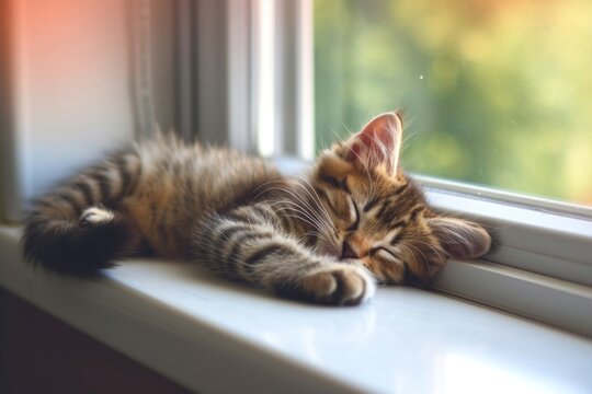 Sleeping kitten windowsill animal mammal. - Powered by Adobe