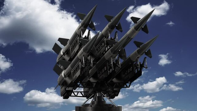 Six missiles on a launcher, sky in background - 3D 4k animation (3840x2160px)