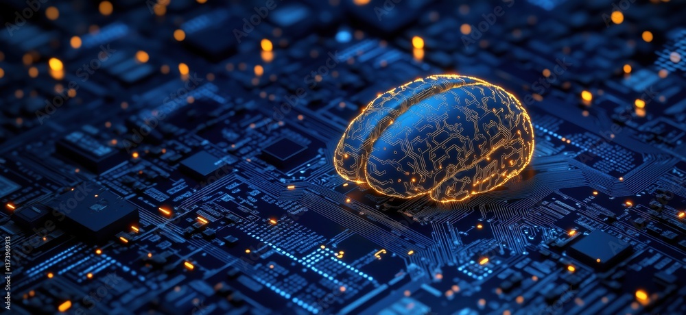 Poster artificial intelligence brain on circuit board with glowing connections and data flow