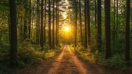 Fototapeta premium A view of forest road running through trees at sunset