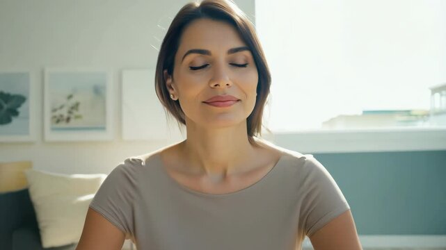 A calm woman in her early 40s sitting cross-legged in a bright, minimalist living room filled with natural light and peaceful ambiance. Concept of mature serenity and self-awareness