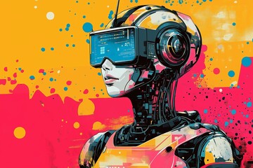 Futuristic cyborg with virtual reality headset in colorful abstract background illustrating advanced technology and digital innovation in a vibrant style