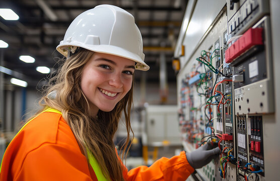 Smiling female electrical engineer working on industrial control panel