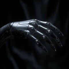 Futuristic robotic hand with intricate design and detailed surface against dark background symbolizing advanced technology and artificial intelligence concepts