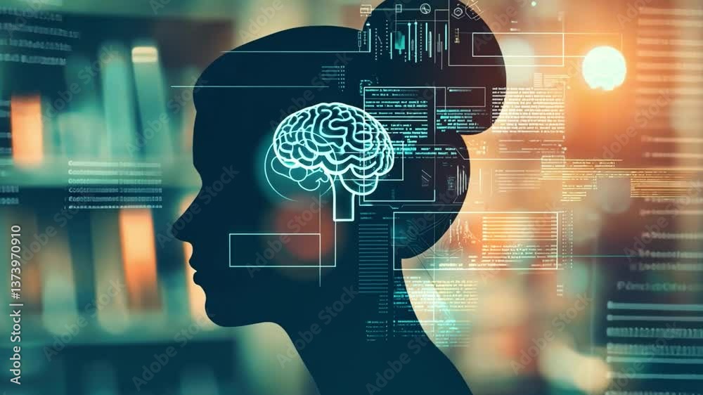 Poster profile silhouette of a woman with digital brain interface and abstract data graphics against a libr