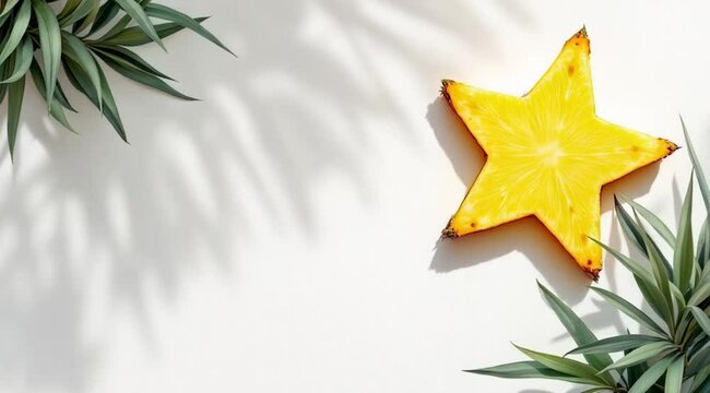 Star-shaped carambola slice with tropical leaves shadows
