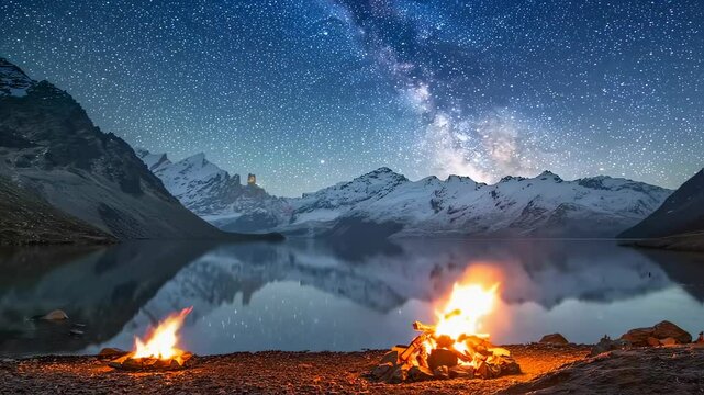 Starry sky glows above silent lake as crackling fire warms rugged shore, stars illuminating serene reflection, stars inspiring dreamy content, stars capturing universal appeal for stock buyers.
