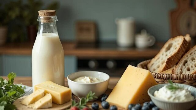 Quesos, leche y frutas frescas sobre mesa r&uacute;stica de cocina