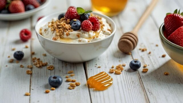 Taz&oacute;n de yogur con granola, fresas y ar&aacute;ndanos en desayuno natural