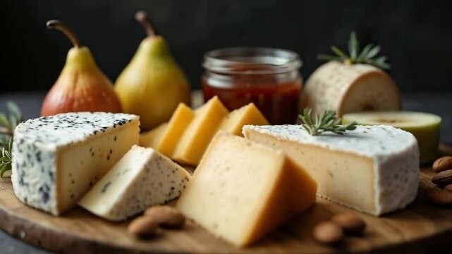 Selecci&oacute;n de quesos gourmet con higos, almendras y copa de vino sobre tabla de madera