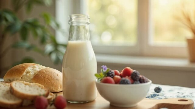 Desayuno con leche, pan artesanal y frutas frescas en mesa r&uacute;stica