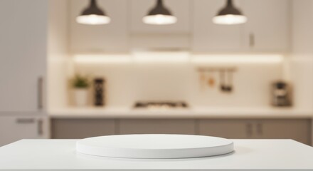 Modern kitchen display with a pristine white podium for showcasing kitchen products
