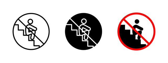 No sitting on stairs icon. Prohibited behavior vector illustration. Restriction sign for maintaining safety and order in public areas. Warning symbol for preventing obstruction in urban.