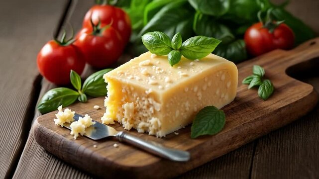 Bloque de queso curado con albahaca sobre tabla de madera