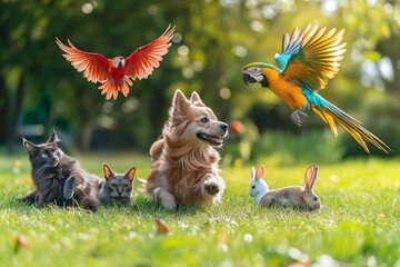 Group of various animals including cats, dogs, and parrots enjoying a vibrant summer day together on a lush green lawn