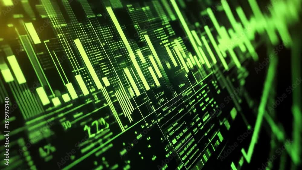Poster abstract digital financial chart with green lines and data points representing market trends and ana