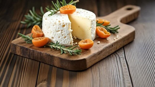 Queso curado con mandarina y romero sobre tabla de madera