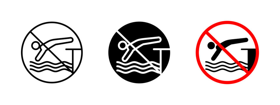 No diving icon. Water safety vector illustration. Prohibited action sign for swimming pools and water bodies. Warning symbol to prevent accidents with safety regulations in aquatic areas.