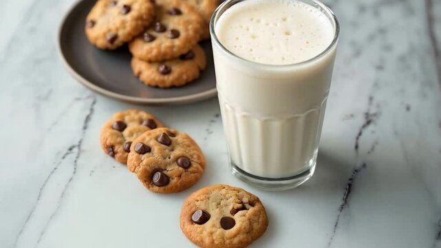 Vaso de leche con galletas con chispas de chocolate