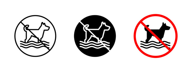 No dog swimming icon. Pet restriction vector illustration. Prohibited sign indicating that dogs are not allowed in the water. Safety regulation symbol for beaches, pool and public water areas.