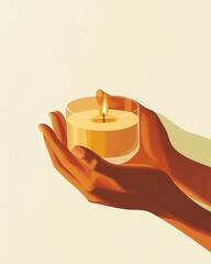 Hands gently holding a lit candle in a glass holder, symbolizing warmth, peace, and tranquility against a neutral background