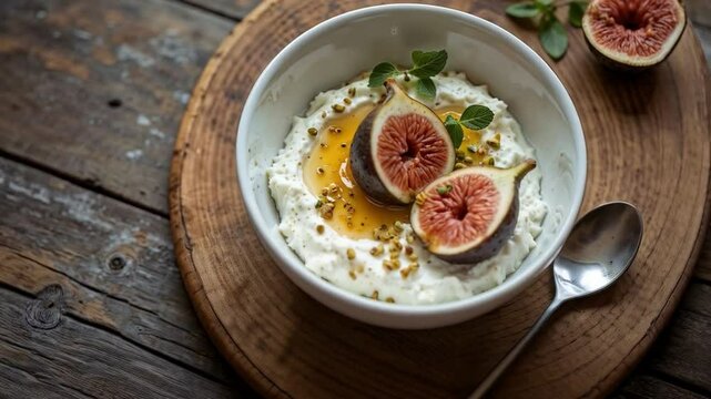 Yogur con higos frescos, miel y pistachos servido en cuenco sobre tabla r&uacute;stica