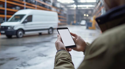 A person using a smartphone in a warehouse with a delivery van in the background, showcasing logistics or business operations. Smartphone app for calling a loader and transporting goods.