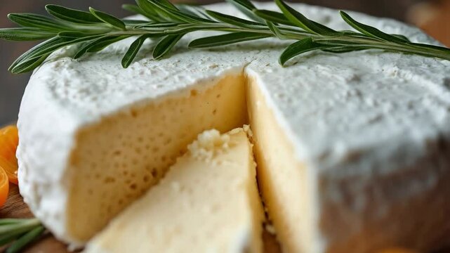 Queso blanco cremoso con mandarina y romero sobre tabla de madera r&uacute;stica