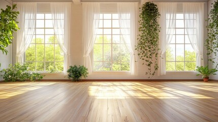 Fototapeta premium A clean and minimalist dance studio with large windows, sheer curtains, and bright sunlight streaming in.