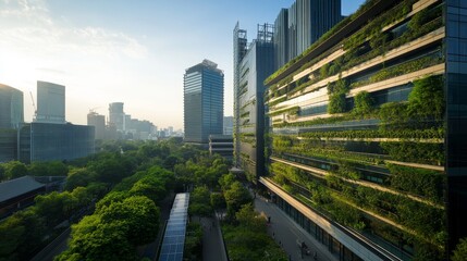 A sleek glass office building adorned with vertical gardens glistens in the sunlight