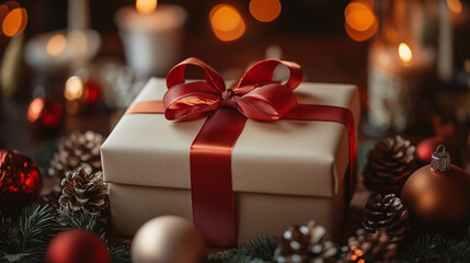 Celebratory gift wrapped with red ribbon surrounded by festive decorations during the holiday season wallpaper, background, generated by AI