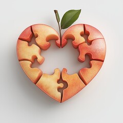 Heart-shaped puzzle made of red apple pieces with a leaf on a white background symbolizing health and connection
