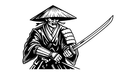 Fierce samurai warrior holding a katana against a white background with copy space