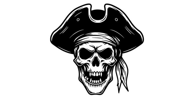 Menacing pirate skull with hat and bandana illustration, black and white, representing piracy and danger with copy space