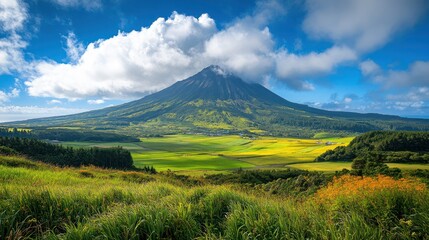 Fototapeta premium Majestic volcano landscape, sunny day, meadow