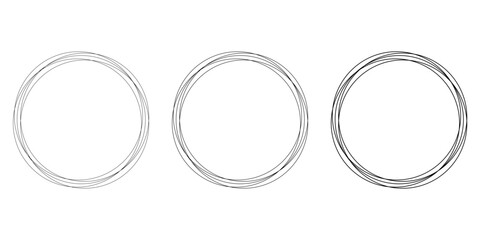 Set of three hand-drawn circular frames with rough overlapping lines in black on a white background, ideal for modern graphic design. Vector illustration
