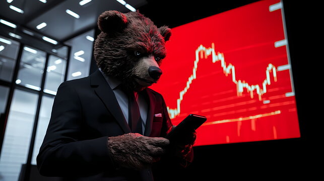 Bear market, businessman with bear mask checking stock prices on smartphone - Powered by Adobe