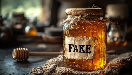 "Deceptive Delight: A Honey Jar Labeled 'FAKE,' Representing the Paradox of Misinformation in Stock Imagery.