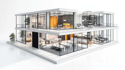 Modern office building design featuring large glass windows, open spaces, and contemporary furniture. layout emphasizes collaboration and natural light, creating inviting work environment