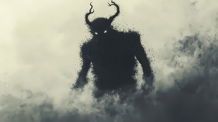 Demonic shadow figure emerging from dark smoke and dust