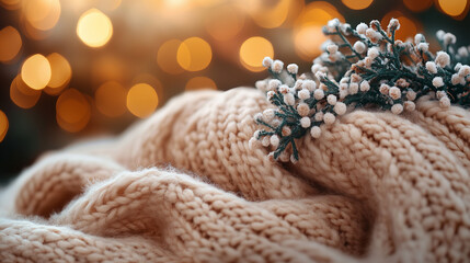 Cozy knitted sweater adorned with winter flowers against a blurred festive backdrop pastel tones of dried flowers in a scarf, wallpaper threads, background, generated by AI