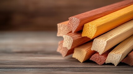 A vibrant collection of wooden sticks in various colors stacked together on a rustic background, symbolizing creativity, structure, and natural beauty in artistic representation.