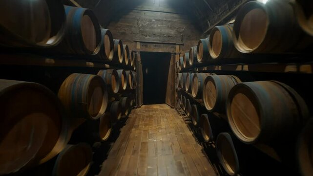 Camera zooms in toward the far end of a wine cellar lined with endless rows of barrels. Concept of refined tradition and atmospheric storytelling
