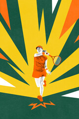 Poster. Contemporary art collage. Female player caught in motion after powerful swing with radiating energy shapes. Concept of explosive power, sport victory, tournament thrill, momentum.