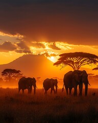 Fototapeta premium Majestic elephants roam the golden savanna at sunset