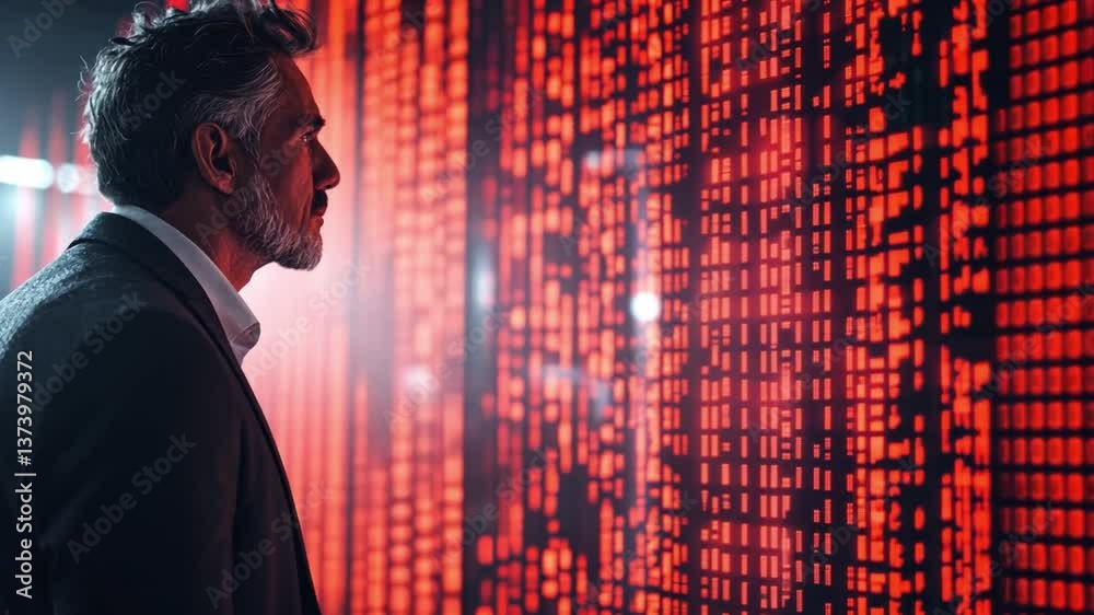 Poster businessman analyzing data metrics on wall with red digital display of binary code in modern office 