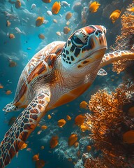 Fototapeta premium A sea turtle gracefully swimming through a vibrant coral reef